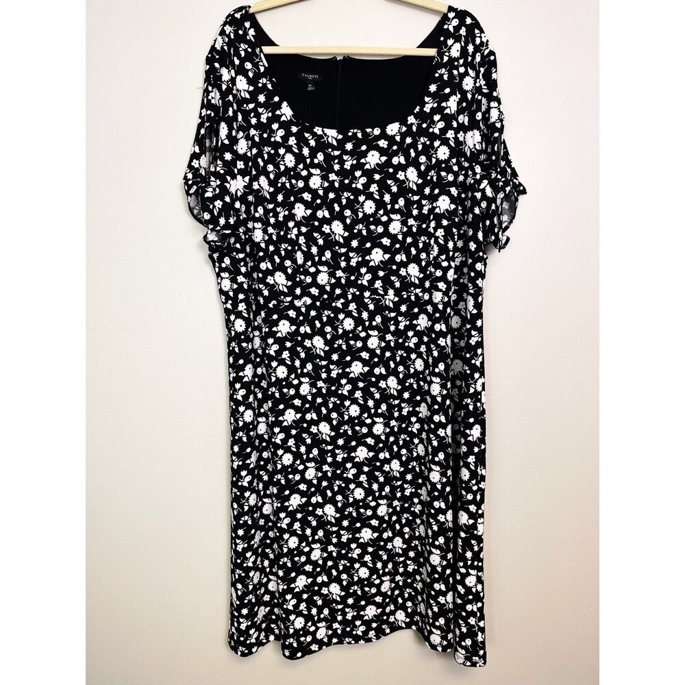 NWT Talbots Floral Black And White Short Tie Sleeve Dress Square Neck Size 3X